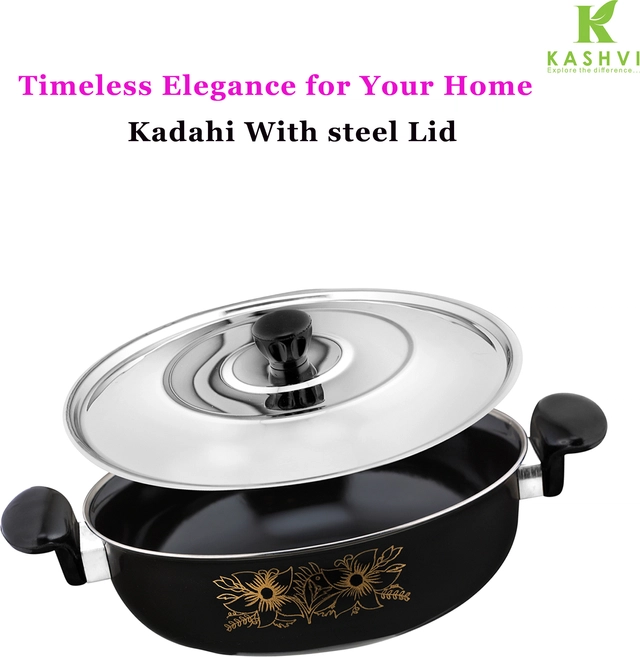 Cast Iron Kadai with Lid (Black & Silver, 28 cm)