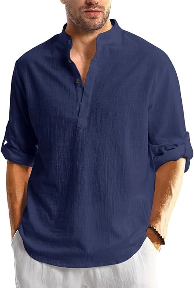 Cotton Solid Kurta for Men (Navy Blue, S)