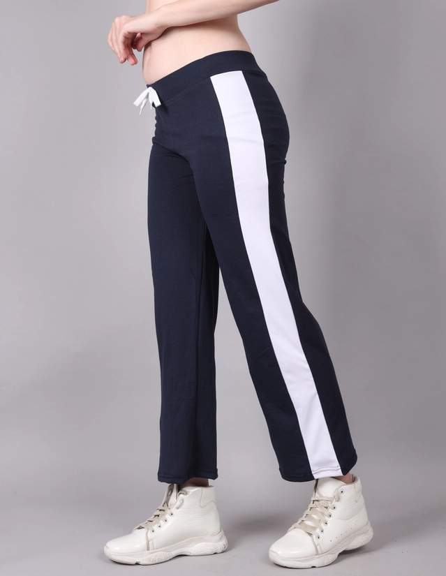 Cotton Colorblocked Trackpant for Women (Navy Blue, M)