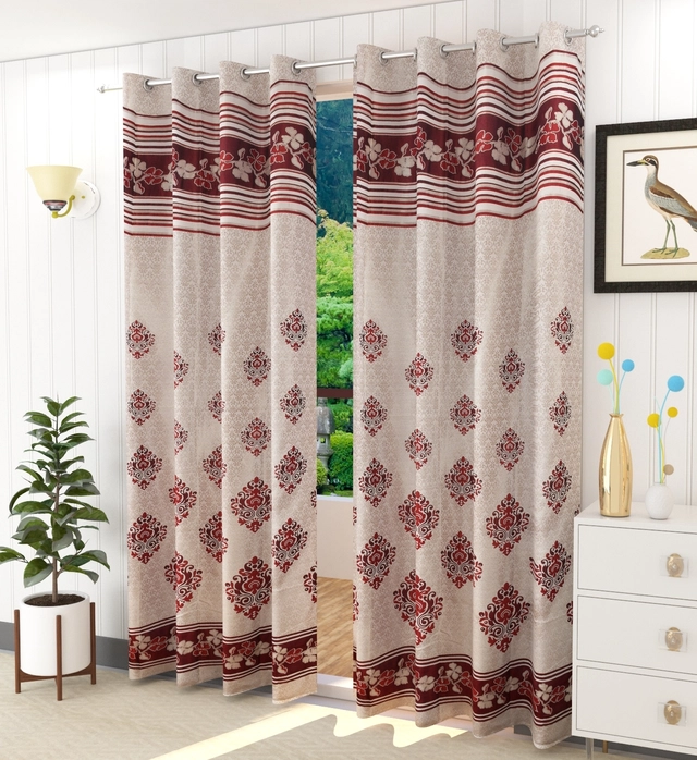 Jacquard Printed Window & Door Curtains (Maroon, 5 feet) (Pack of 2)