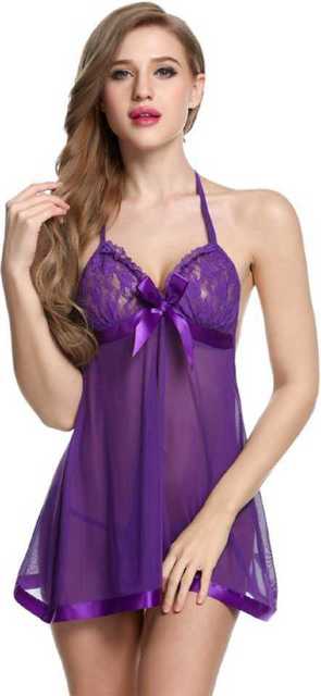 Beach Curve Women Netted Lace Self-Design Baby Doll Set (Purple) (Bc_04)