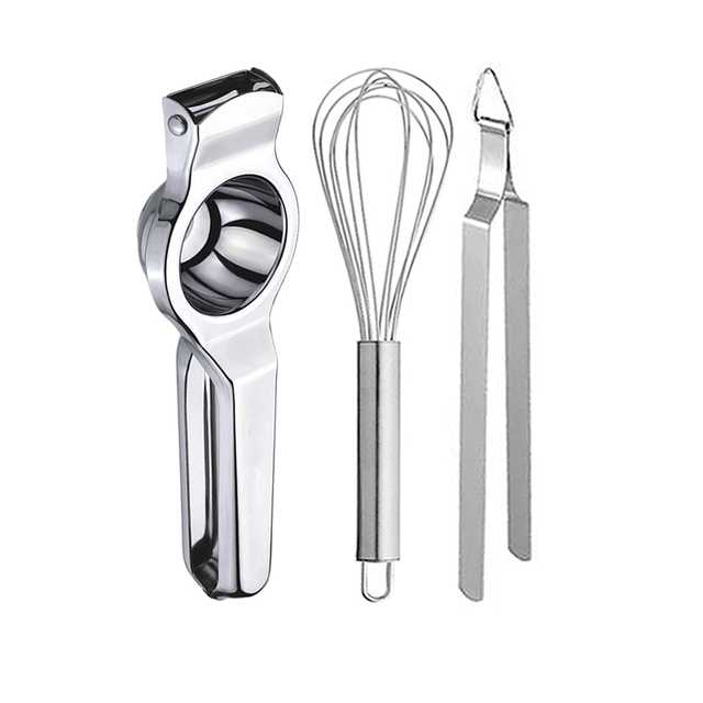 Oc9 Stainless Steel Lemon Squeezer & Egg Whisk & Roti Chimta Kitchen Tool Set
