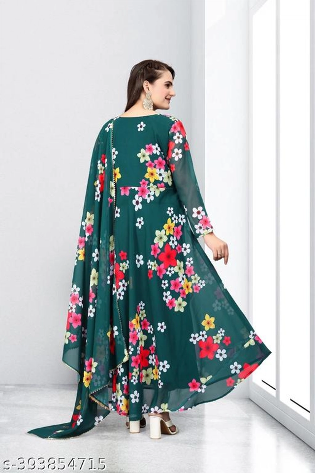 Georgette Printed Gown with Dupatta for Women (Bottle Green, S)