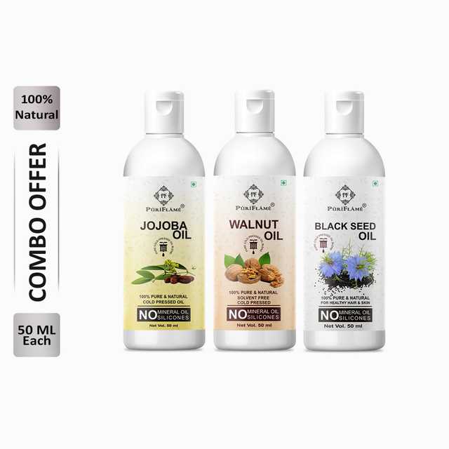 Puriflame Pure Jojoba Oil (50 ml), Walnut Oil (50 ml) & Black Seed Oil (50 ml) Combo for Rapid Hair Growth (Pack Of 3) (B-11641)
