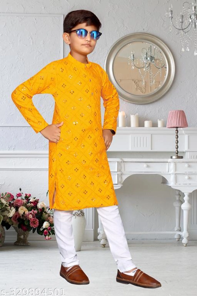 Cotton Blend Kurta Sets for Boys (2-3 Years, Yellow & White)