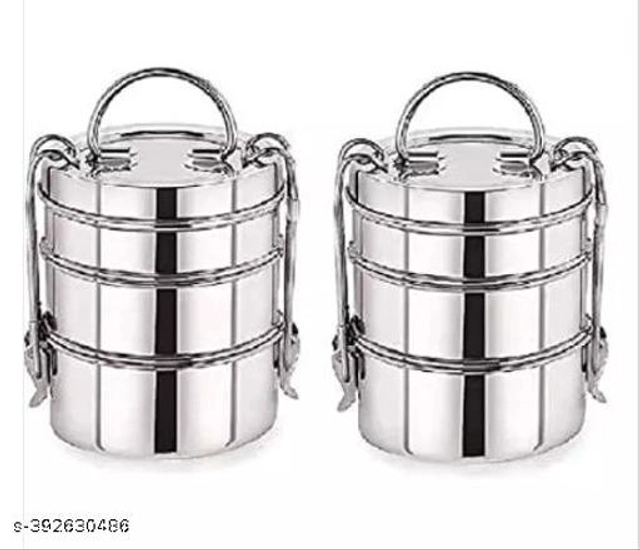 Stainless Steel 3 Compartment Lunch Box (Silver, Pack of 2)