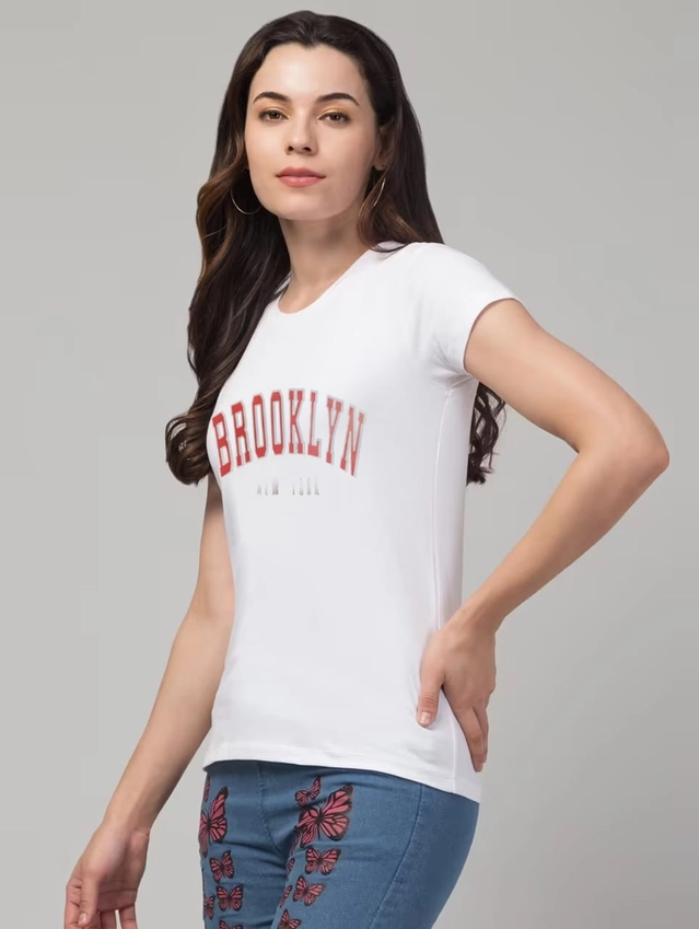 Round Neck Printed T-Shirt for Women (White, S)