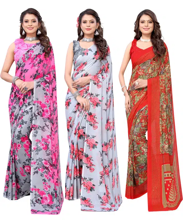 Women's Designer Floral Printed Saree with Blouse Piece (Pack of 3) (Multicolor) (SD-265)