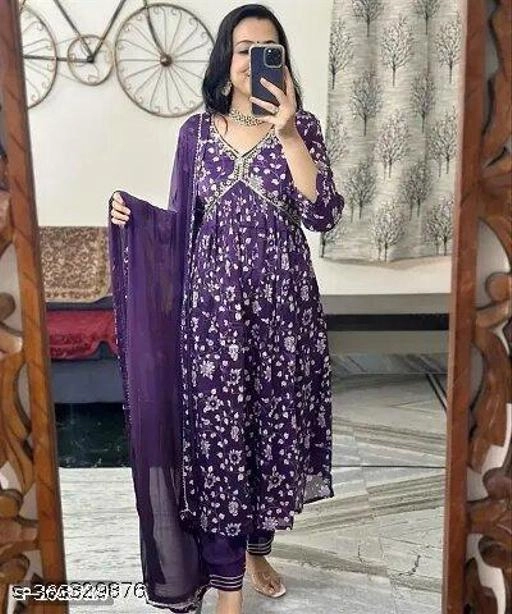 Organza Printed Kurti with Pant & Dupatta for Women (Purple, M)