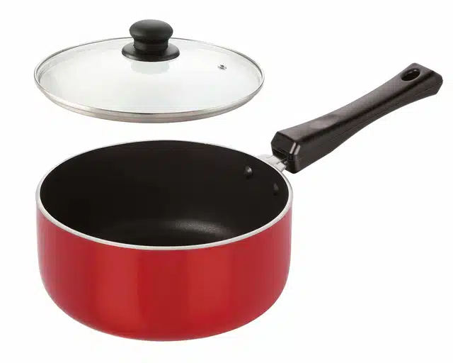 Aluminium Nonstick Coated Sauce Pan with Glass Lid (Red, 1.8 L)