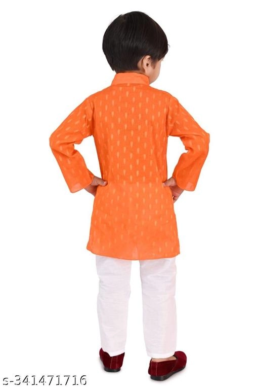 Cotton Blend Printed Kurta with Pyjama for Boys (Orange & White, 6-12 Months)