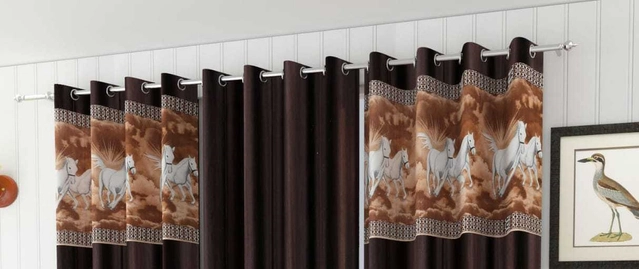 Polyester Room Darkening Printed Door Curtains (Brown, 7 Feet) (Set of 3)