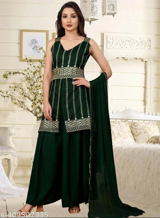 Rayon Embroidered Kurti with Sharara & Dupatta for Women (Green, S)