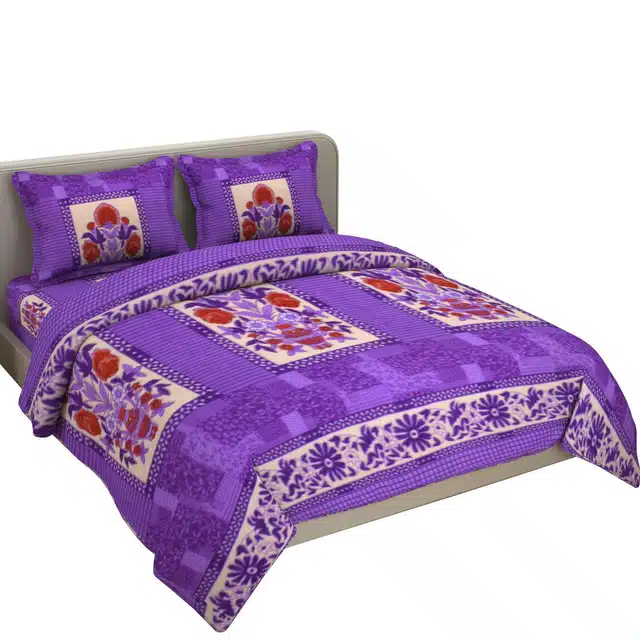 Fleece Printed Double Bedsheet with 2 Pillow Covers (Purple, 100x90 Inches)