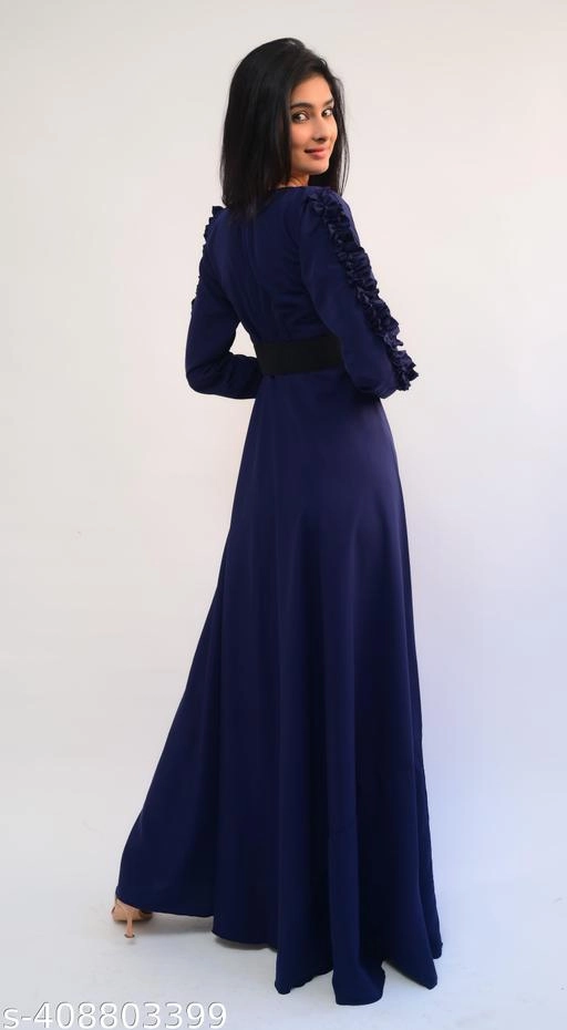 Crepe Solid Gown for Women (Navy Blue, XS)