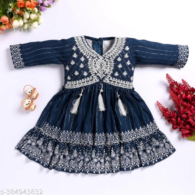 Cotton Embroidered Frock for Girls (Navy Blue, 1-2 Years)