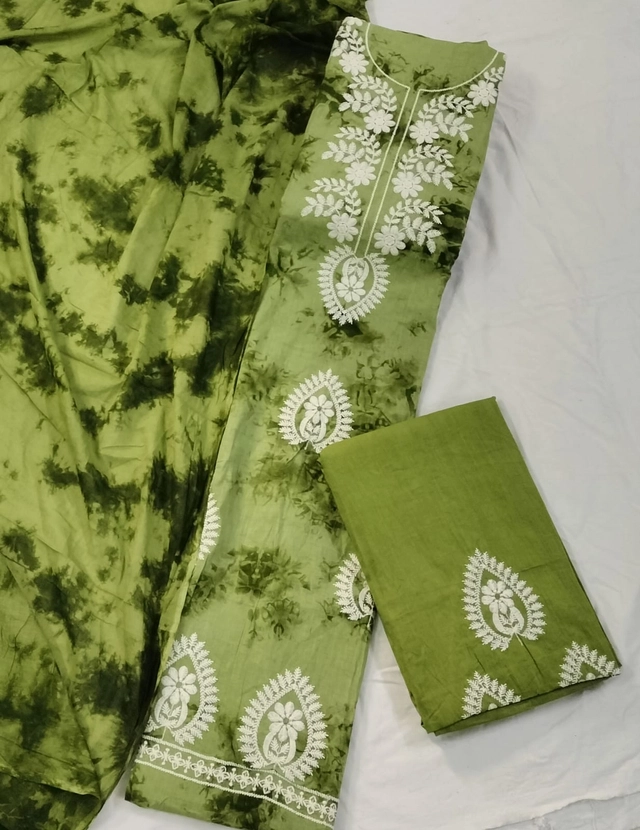 Cotton Tie-Dye Lucknowi Work Unstitched Suit Fabric with Dupatta for Women (Green, 2.25 m)