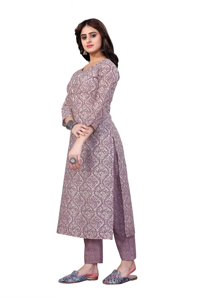 Cotton Blend Solid Kurta with Bottomwear for Women (Grey, S)