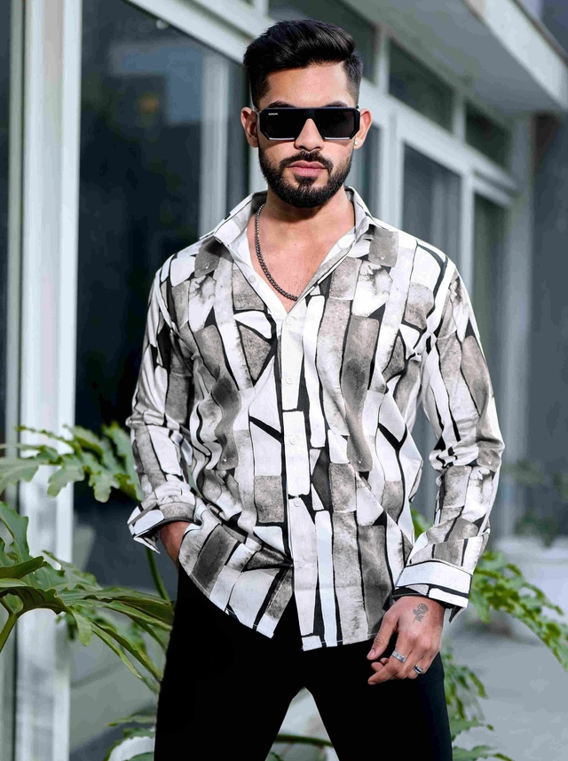 Full Sleeves Printed Shirt for Men (Grey & White, S)