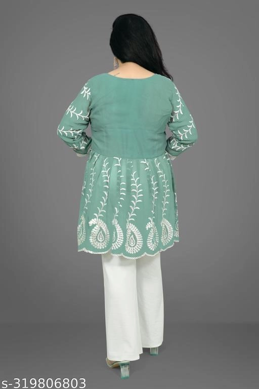 Georgette Chikankari Top for Women (Sea Green, M)