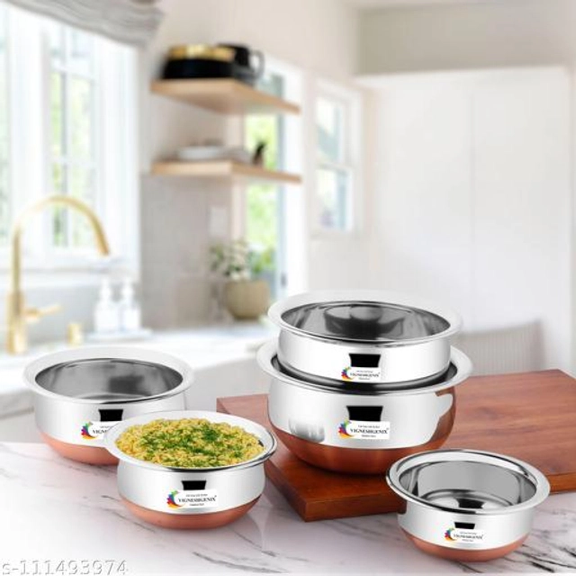 Stainless Steel Copper Bottom Handi Pot Set with Lid (Silver, Set of 5)