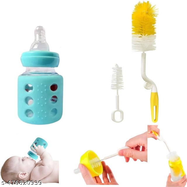 Combo of Milk Bottle (60 ml) with Bottle & Nipple Cleaning Brushes (Multicolor, Set of 3)