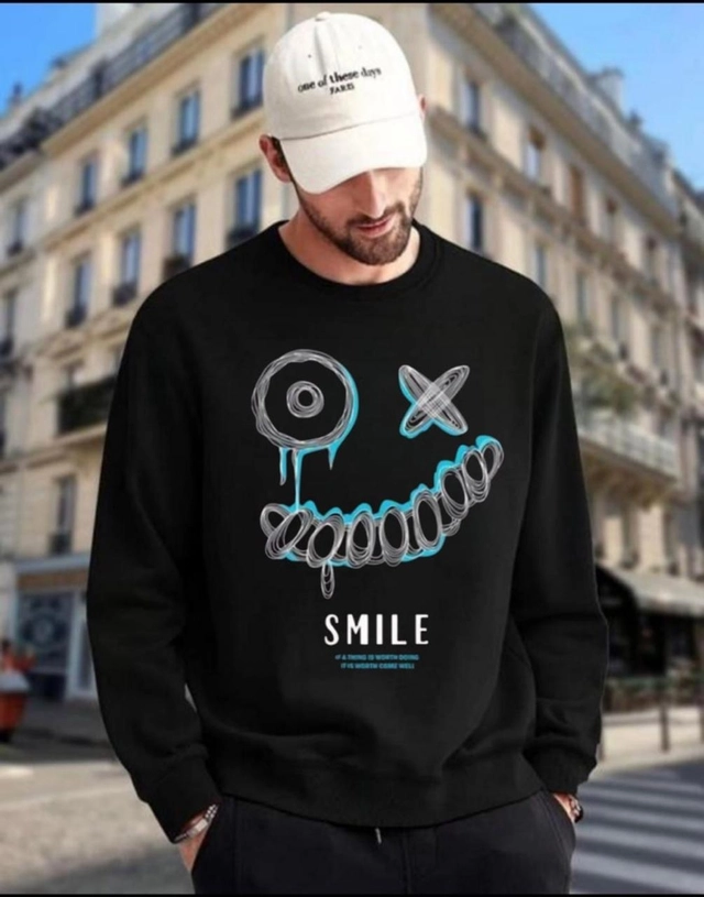 Round Neck Printed Sweatshirt for Men (Black, M)