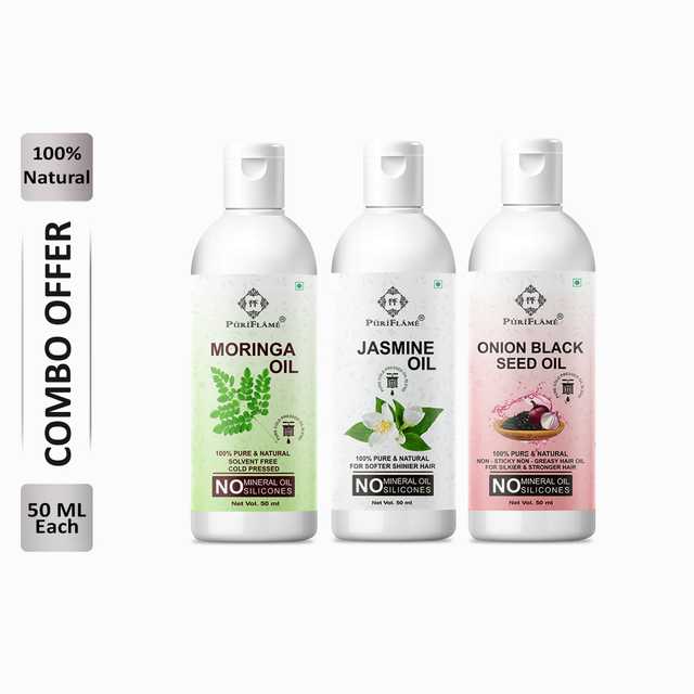 Puriflame Pure Moringa Oil (50 ml), Jasmine Oil (50 ml) & Onion Black Seed Oil (50 ml) Combo for Rapid Hair Growth (Pack Of 3) (B-11819)