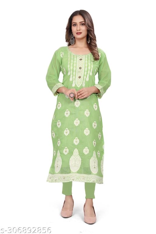 Cotton Embroidered Kurti for Women (Green, L)