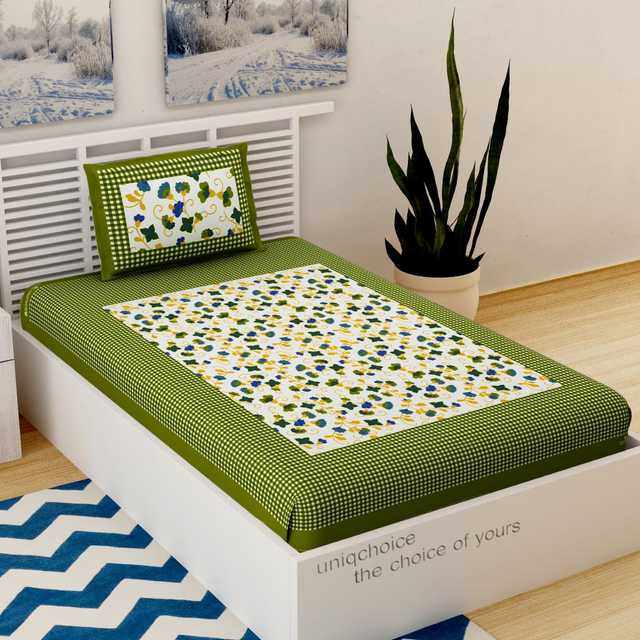 Cotton Jaipuri Single bedsheet With 1 Pillow Cover (Green, 60 in x 90 in) (Uq-174)