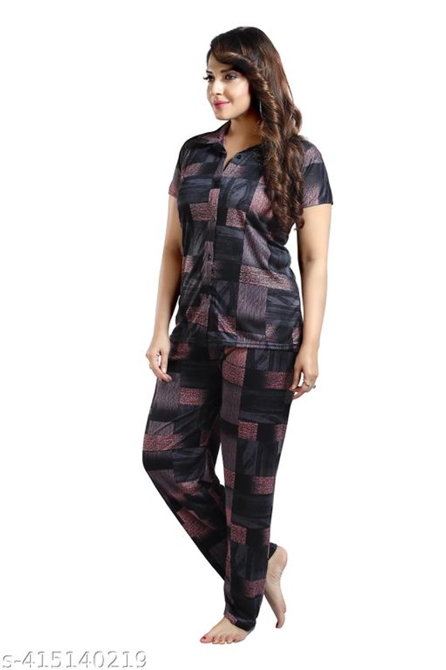 Satin Nightsuit for Women (Pink & Black, M)