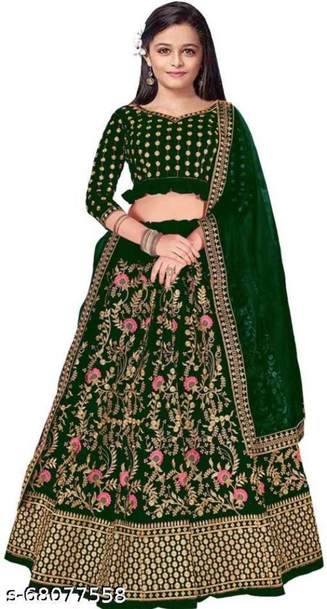 Satin Embroidered Lehenga with Choli & Dupatta for Girls (Green, 2-3 Years)