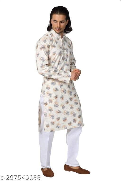 Cotton Printed Kurta with Pyjama for Men (Cream & White, S)