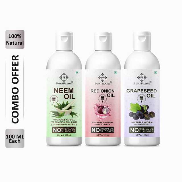 PuriFlame Pure Neem Oil (100 ml) & Red Onion Oil (100 ml) & Grapeseed Oil (100 ml) Combo For Rapid Hair Growth (Pack Of 3) (B-5948)
