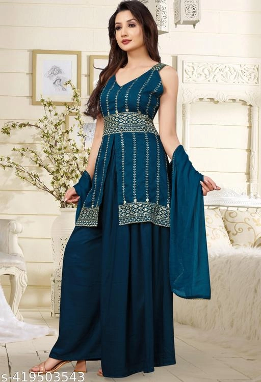 Rayon Embroidered Kurti with Sharara & Dupatta for Women (Teal, S)