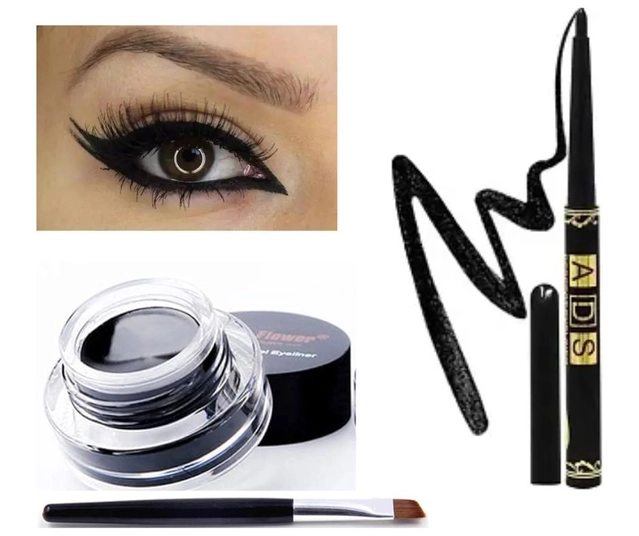 Combo of ADS Kajal & Musk Flower Waterproof Eyeliner Gel with Brush (Black, Set of 2)