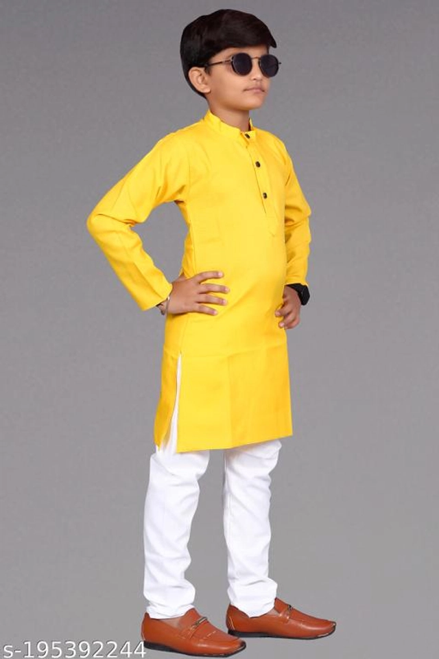 Cotton Blend Kurta Sets for Boys (3-4 Years, Yellow & White)