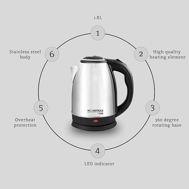 Moonstruck 1500 Watt Fast Heating 1.8L Stainless Steel Electric Kettle