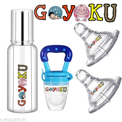 Stainless Steel Milk Bottle (450 ml), Fruit Nibbler, 2 Pcs Nipple for infants (Multicolor, Set of 4)