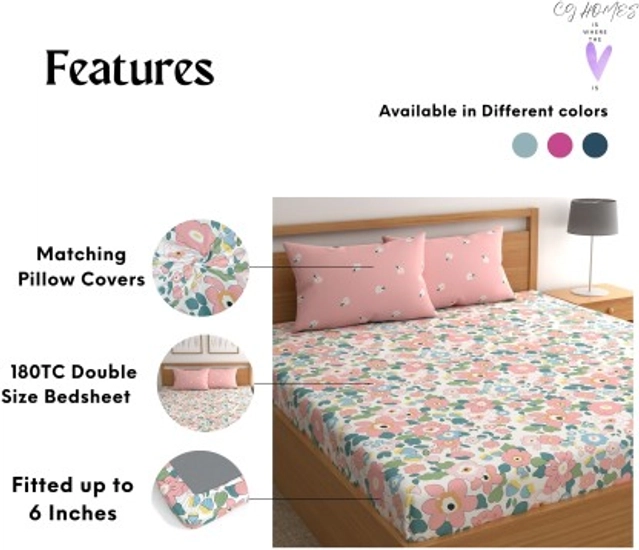 Cotton Double Printed Fitted (Elastic) 180 TC Bedsheet (Pack of 1, Pink Flower)