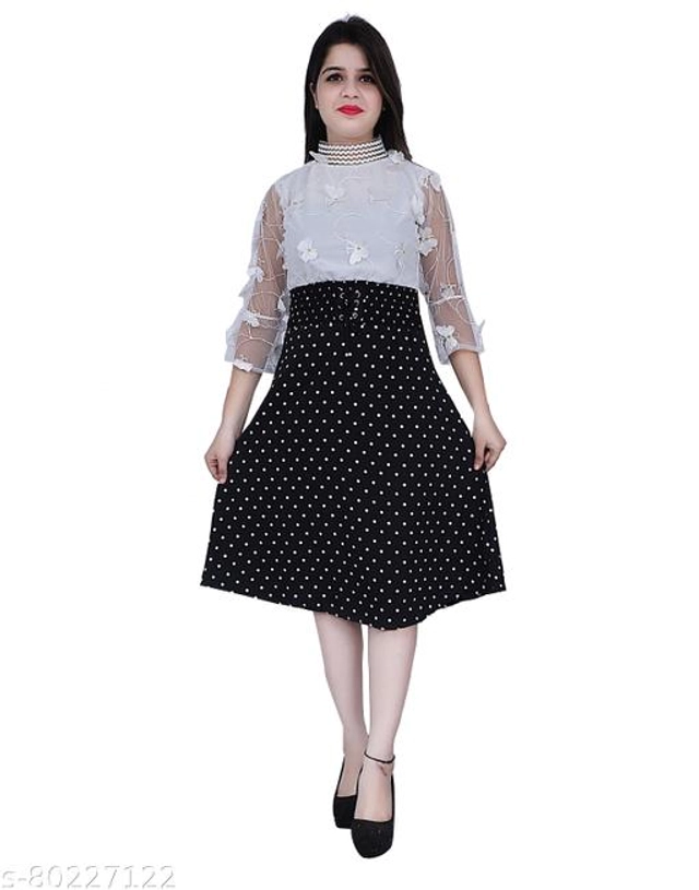 Crape Dress for Women (Black & White, S)