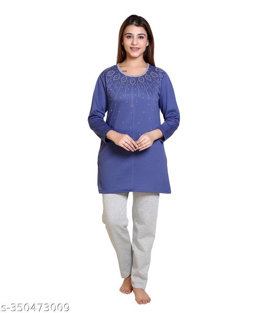 Wool Nightsuit for Women (Royal Blue & White, M)