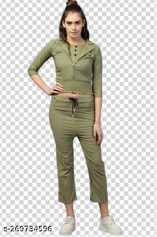 Cotton Blend Solid Top & Bottom Set for Women (Olive, L)