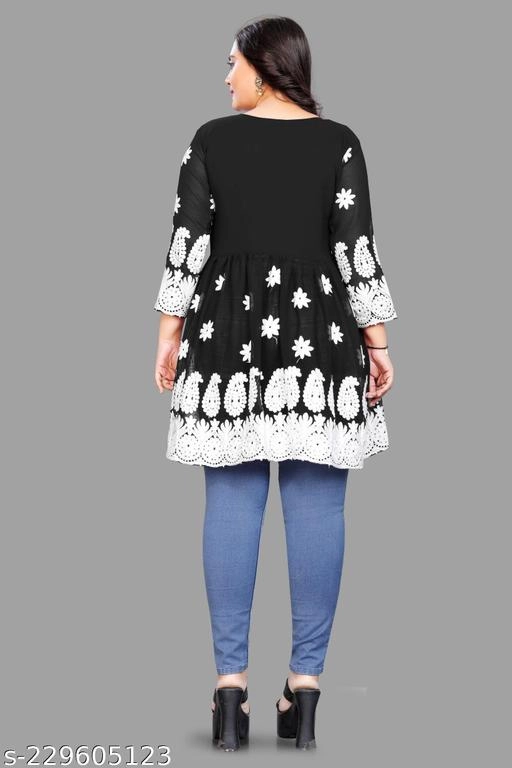 Georgette Chikankari Top for Women (Black, XL)