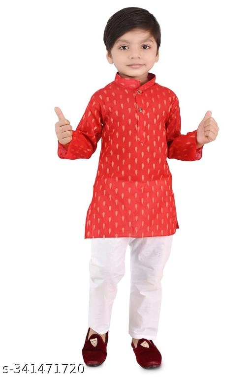 Cotton Blend Printed Kurta with Pyjama for Boys (Red & White, 0-3 Months)