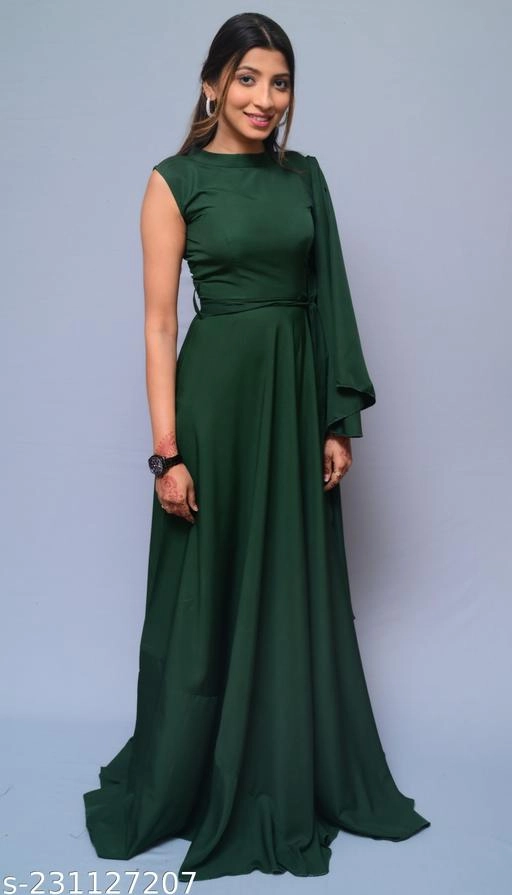 Crepe Solid Gown for Women (Bottle Green, M)