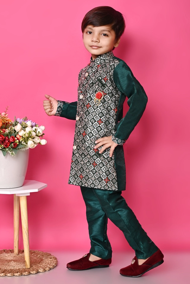 Cotton Blend Embroidered 3 Pcs Sherwani Set for Kids (Bottle Green, 1-2 Years)