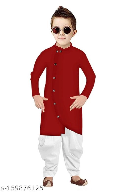 Cotton Solid Kurta with Pyjama for Boys (2-3 Years, Red & White)