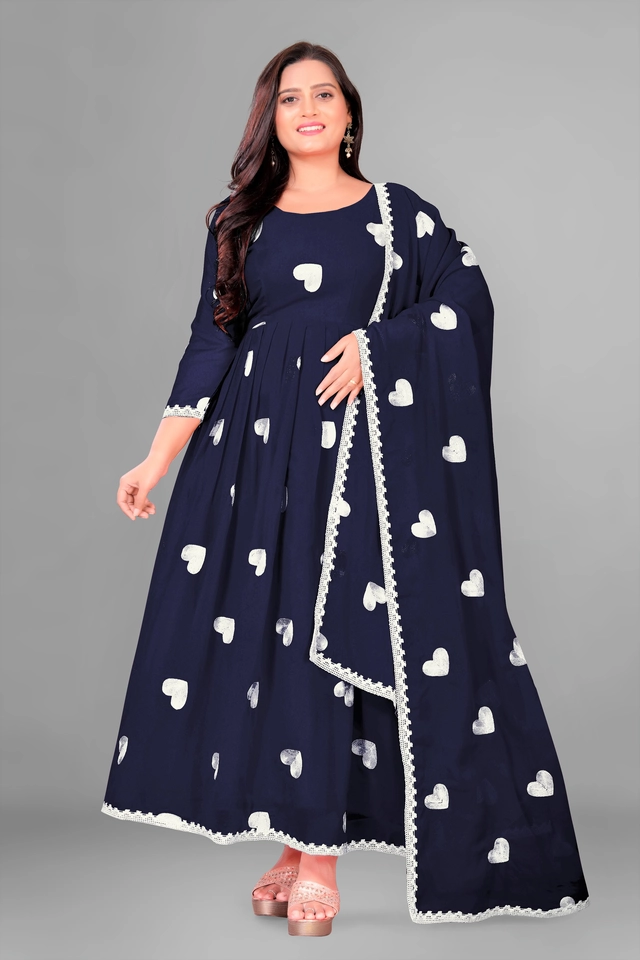 Georgette Ethnic Motif Gown with Dupatta for Women (Navy Blue & White, S)