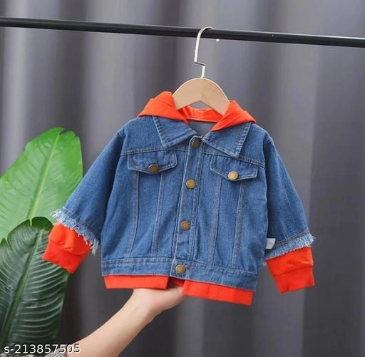 Denim Solid Jacket for Boys (Blue & Red, 3-4 Years)